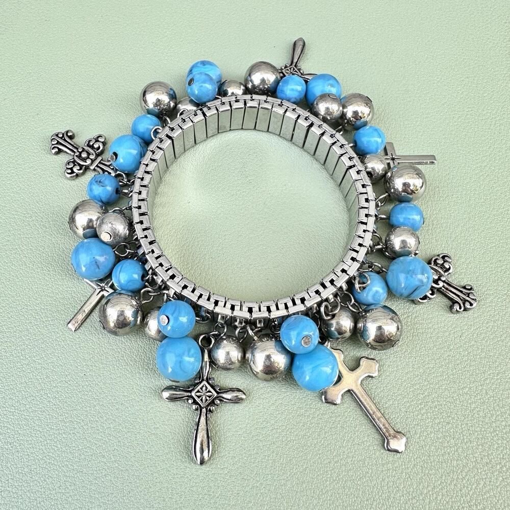 Cross Charm Bracelet Cha Cha Expansion Silver Tone Turquoise Goth Western Gothic